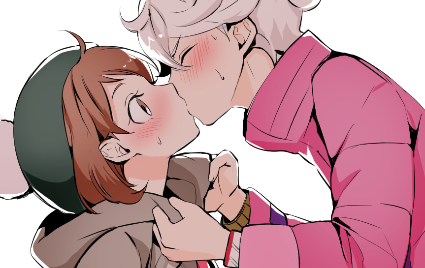 1boy, 1girl, bede_(pokemon), blush, brown_eyes, brown_hair, cardigan, closed_eyes