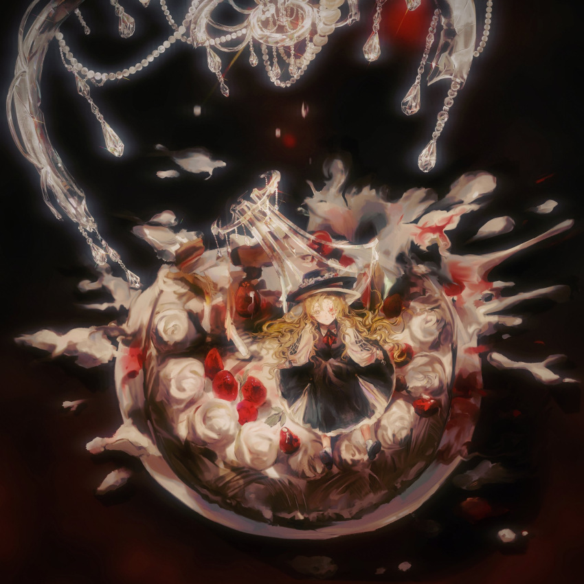 1girl, ascot, black_footwear, blonde_hair, brown_headwear, brown_skirt, brown_vest, cake