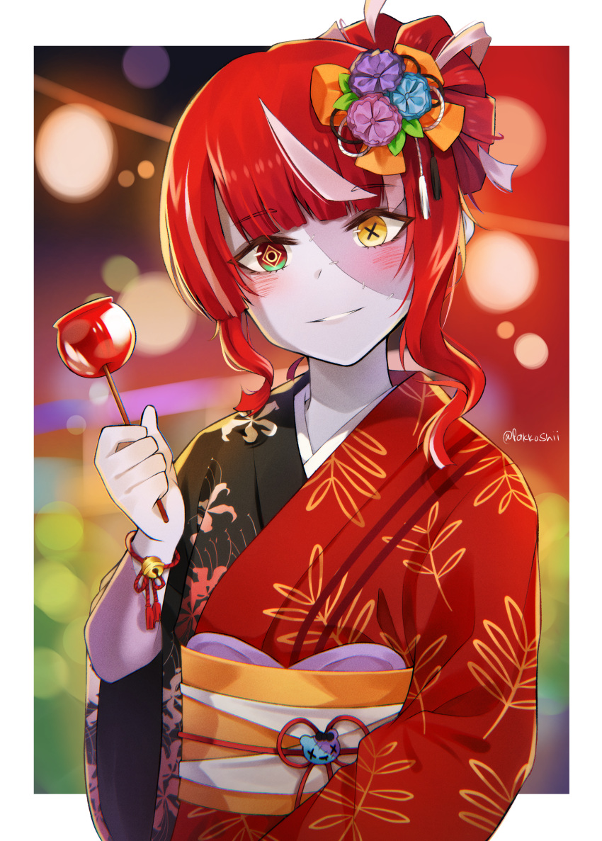 1girl, absurdres, alternate_costume, bangs, blunt_bangs, blush, colored_skin, eyebrows_visible_through_hair