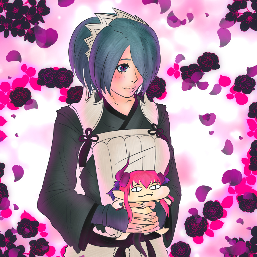 2girls, absurdres, blue_hair, chibi, elizabeth_bathory_(fate), fire_emblem, fire_emblem_fates, floral_background, hair_over_one_eye, highres, japanese_clothes, kimono, looking_to_the_side, loskberg, multiple_girls, non-web_source, self_upload, setsuna_(fire_emblem), thick_lips