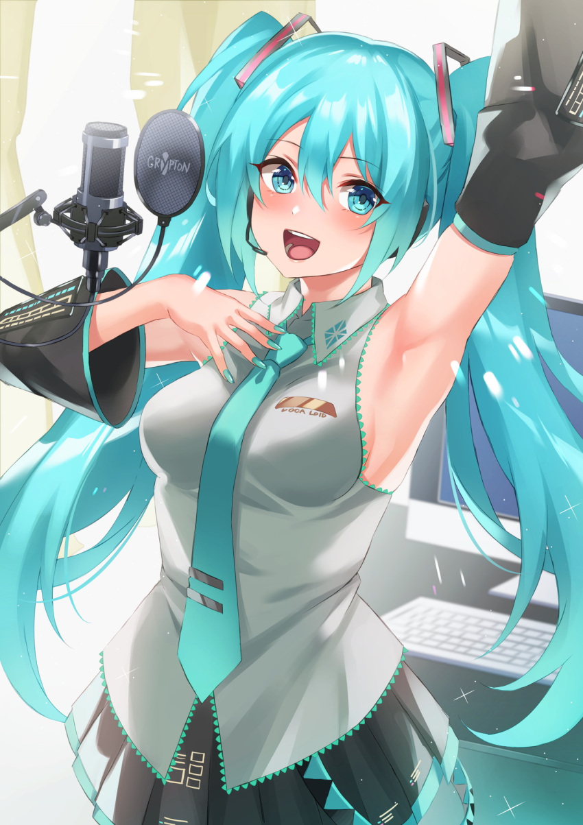1girl, aqua_eyes, aqua_hair, aqua_necktie, arm_up, armpits, computer, detached_sleeves, grey_shirt, hatsune_miku, higa_ao, highres, long_hair, microphone, necktie, open_mouth, shirt, skirt, sleeveless, smile, solo, twintails, very_long_hair, vocaloid