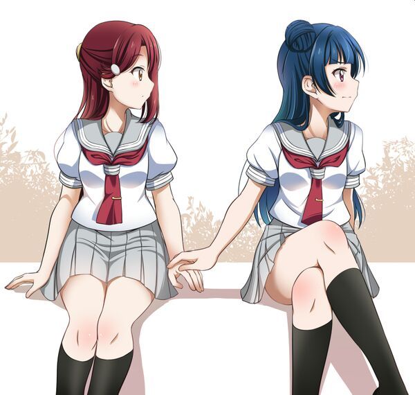 2girls, blue_hair, love_live!, love_live!_sunshine!!, multiple_girls, non-web_source, redhead, sakurauchi_riko