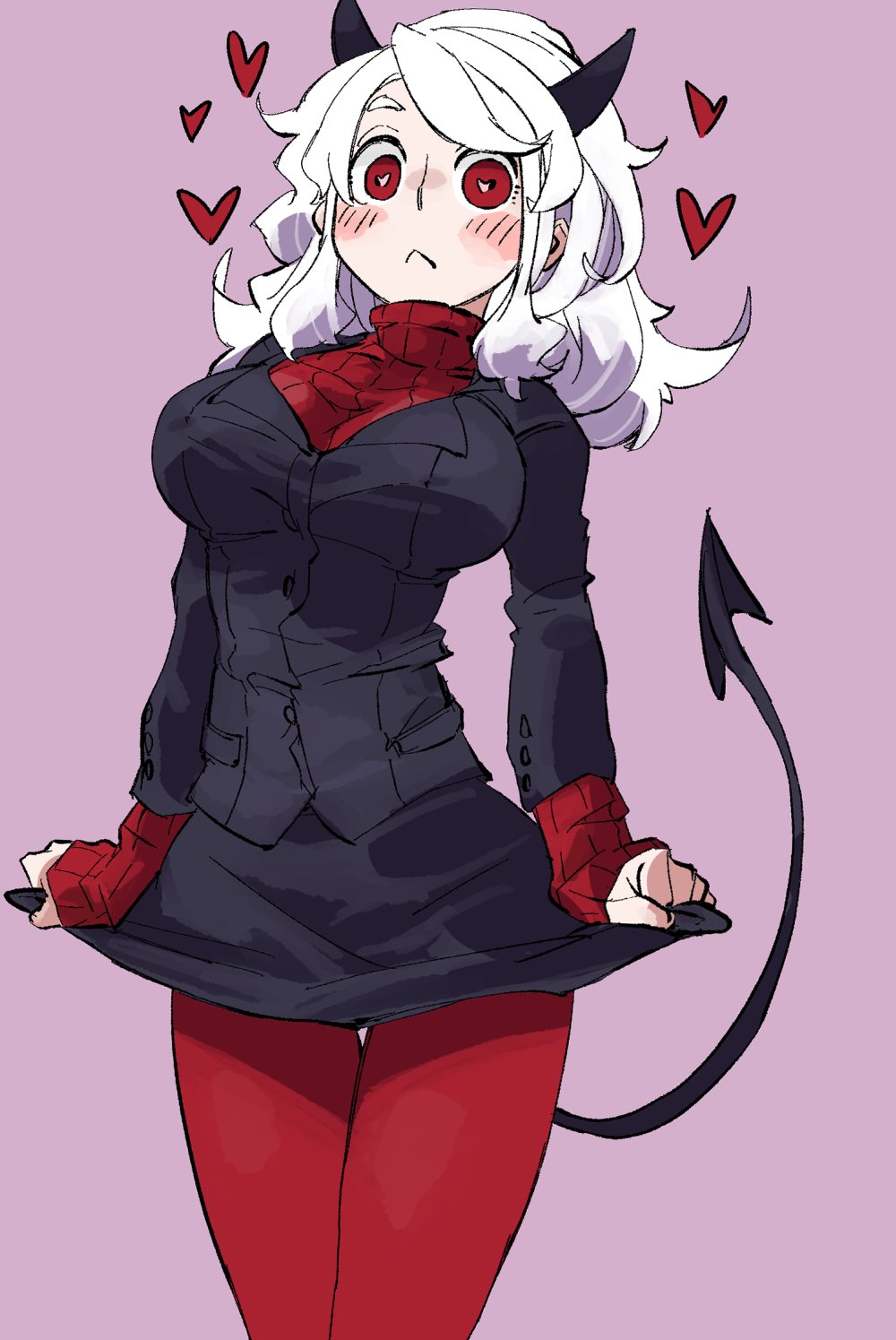 1girl, :<, black_horns, black_jacket, black_tail, blazer, blush, book