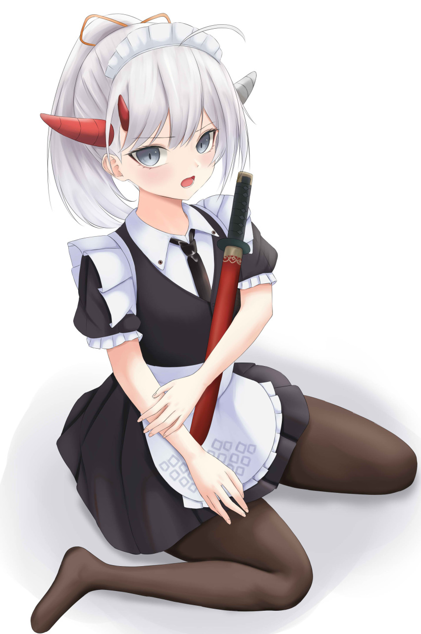 1girl, absurdres, apron, asymmetrical_horns, azur_lane, black_dress, black_necktie, brown_legwear