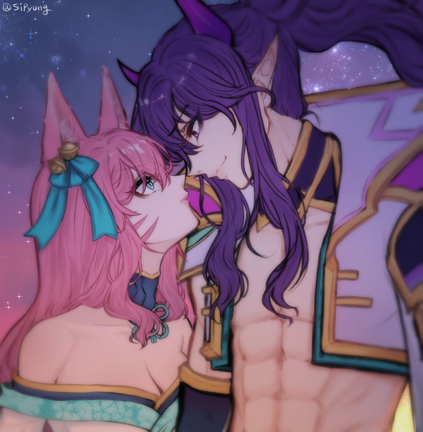 1boy, 1girl, abs, ahri_(league_of_legends), animal_ear_fluff, animal_ears, aqua_bow, bare_shoulders