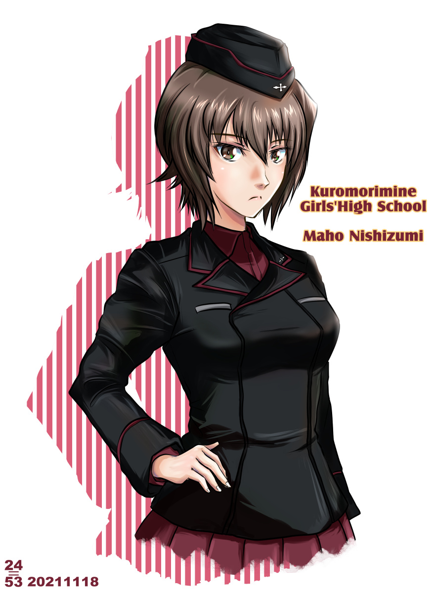 1girl, artist_logo, bangs, black_headwear, black_jacket, brown_eyes, brown_hair, character_name