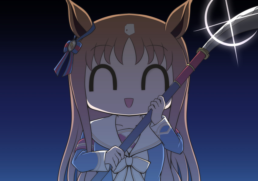 1girl, animal_ears, brown_hair, closed_eyes, grass_wonder_(umamusume), hair_ribbon, hairband, highres