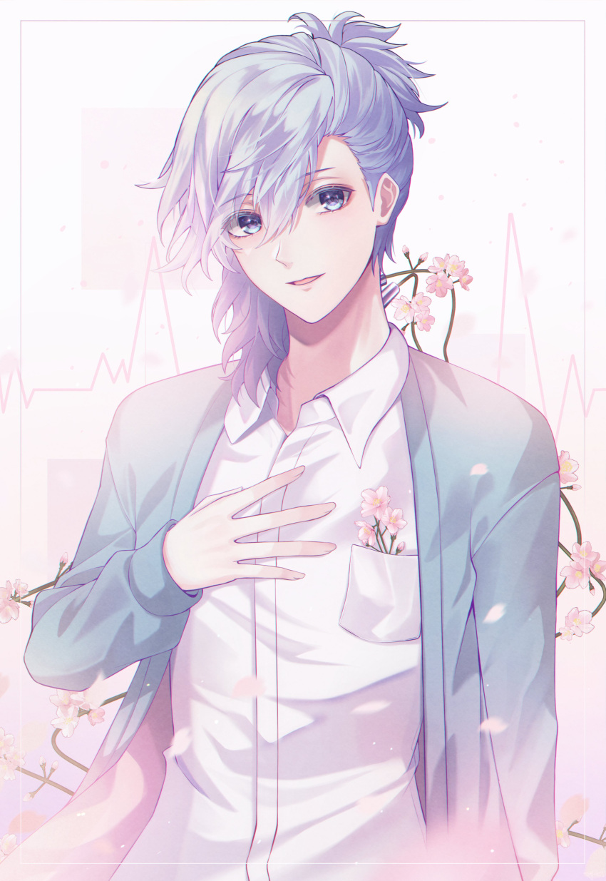 1boy, absurdres, android, asymmetrical_hair, bangs, blue_eyes, blue_jacket, cardiogram