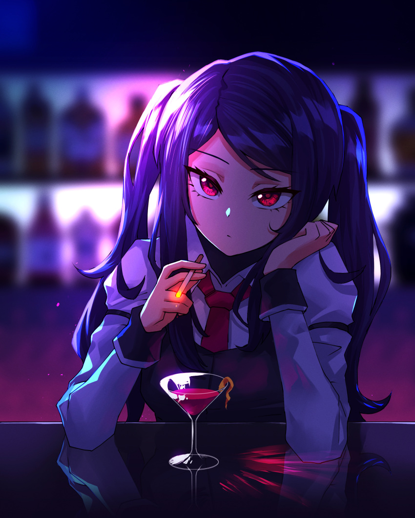 1girl, absurdres, backlighting, bar, bartender, blurry, blurry_background, cigarette, closed_mouth, cocktail_glass, collared_shirt, commentary_request, cup, dot_nose, drinking_glass, eyelashes, head_rest, highres, indoors, jill_stingray, long_hair, looking_at_viewer, messy_hair, necktie, purple_hair, red_eyes, red_necktie, reflective_table, shirt, smoking, solo, twintails, upper_body, va-11_hall-a, vest, white_shirt, wrist_cuffs, yumesphere