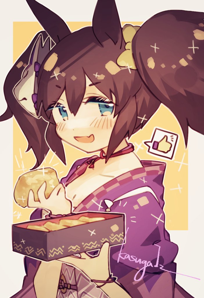 1girl, bangs, blue_eyes, blush, brown_hair, choker, fang, food