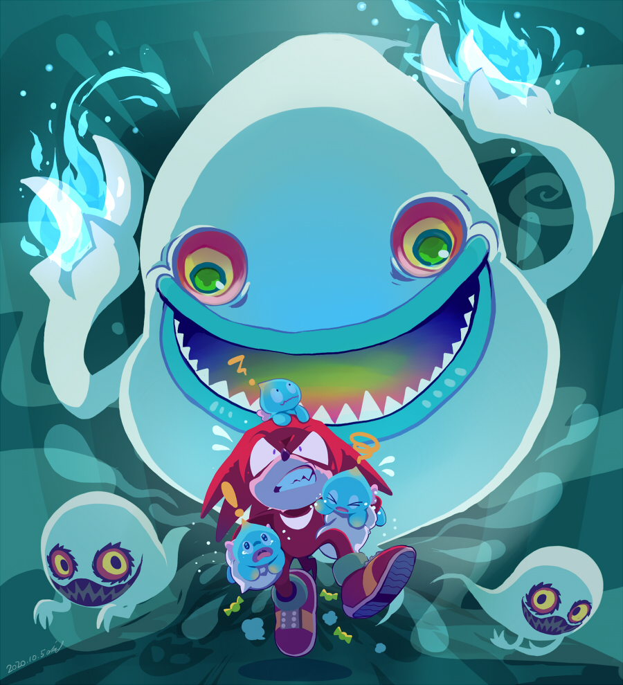 !, >_<, 1boy, ?, aimf, animal_nose, aqua_background, artist_name, backlighting, blue_eyes, blue_fire, body_fur, boo_(sonic), candy, carrying, carrying_under_arm, chao_(sonic), clenched_teeth, closed_eyes, closed_mouth, colored_sclera, commentary_request, constricted_pupils, dated, fang, fire, fleeing, floating, flying_sweatdrops, food, full_body, furry, furry_male, ghost, gloves, green_eyes, happy, indoors, king_boom_boo, knuckles_the_echidna, long_hair, looking_at_another, multicolored_eyes, open_mouth, red_footwear, red_fur, red_sclera, redhead, running, scared, sharp_teeth, shoes, signature, size_difference, smile, sonic_(series), spiky_hair, squiggle, tail, tears, teeth, violet_eyes, wavy_mouth, white_gloves, yellow_eyes