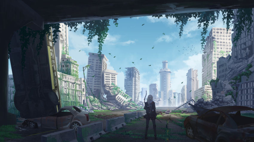 1girl, arrow_(projectile), backpack, bag, blue_sky, bow_(weapon), bread_fqy, bus, car, city, cityscape, clouds, commentary_request, day, falling_leaves, ground_vehicle, highres, lamppost, leaf, long_hair, motor_vehicle, original, outdoors, overgrown, post-apocalypse, road, ruins, scenery, sky, solo, tire, weapon, white_hair, wide_shot, wreckage