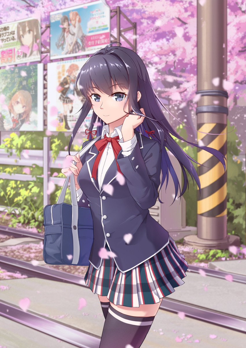 1girl, absurdres, ad, bag, bangs, black_hair, black_jacket, black_legwear
