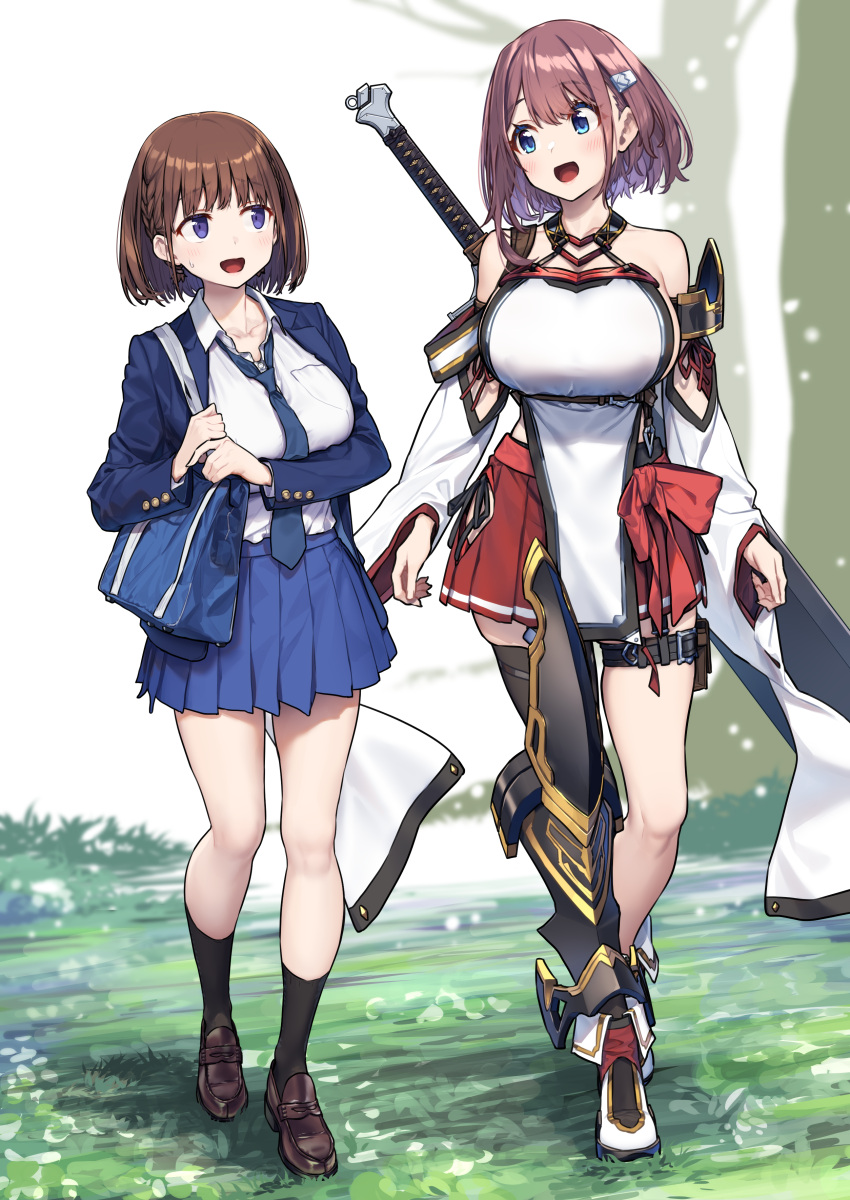 2girls, absurdres, ai-chan_(tawawa), ankle_boots, armor, baffu, bag, bangs
