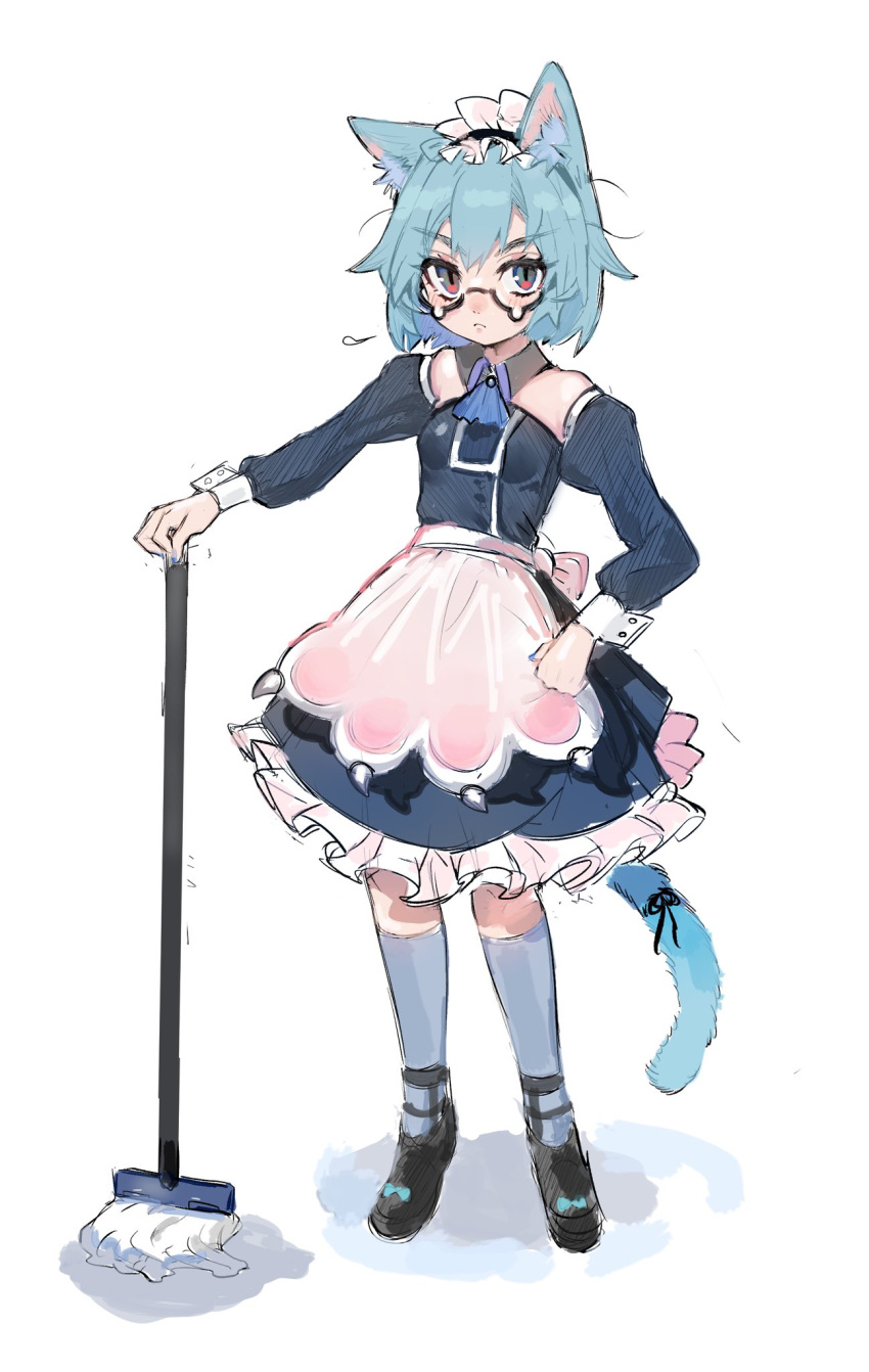 1girl, animal_ear_fluff, animal_ears, apron, aqua_ribbon, black-framed_eyewear, black_ribbon, blue_eyes