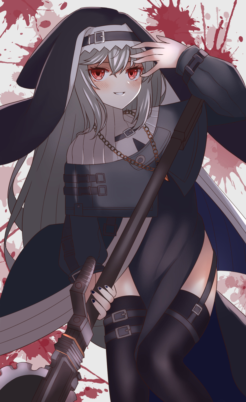 1girl, arknights, black_capelet, black_dress, black_headwear, black_legwear, black_nails, blood