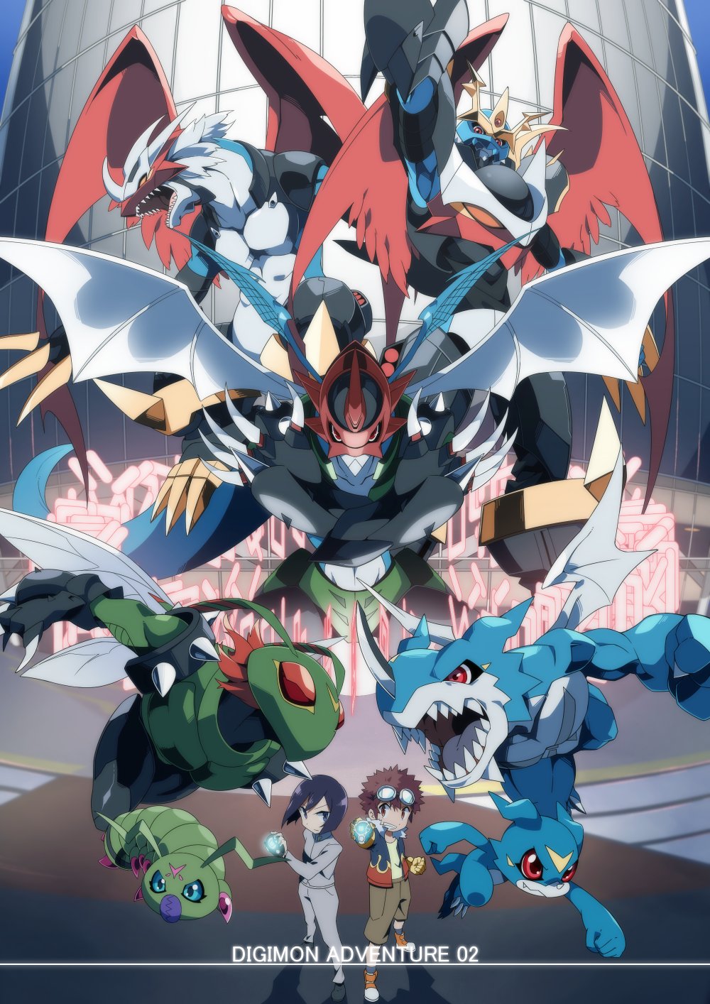 2boys, black_hair, blue_skin, brown_hair, building, claws, colored_skin, digimon, digimon_(creature), digimon_adventure_02, exveemon, green_skin, grey_eyes, highres, holding, horns, imperialdramon, imperialdramon_fighter_mode, jacket, mikan_(mkn_0710), motomiya_daisuke, multiple_boys, open_clothes, open_jacket, open_mouth, paildramon, red_eyes, sharp_teeth, short_hair, smile, spikes, stingmon, teeth, veemon, white_skin, wings, wormmon, xv-mon