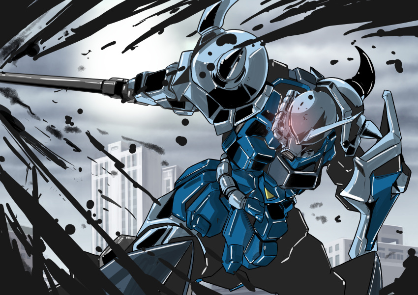 absurdres, glowing, glowing_eye, gouf_custom, gundam, gundam_08th_ms_team, highres, holding