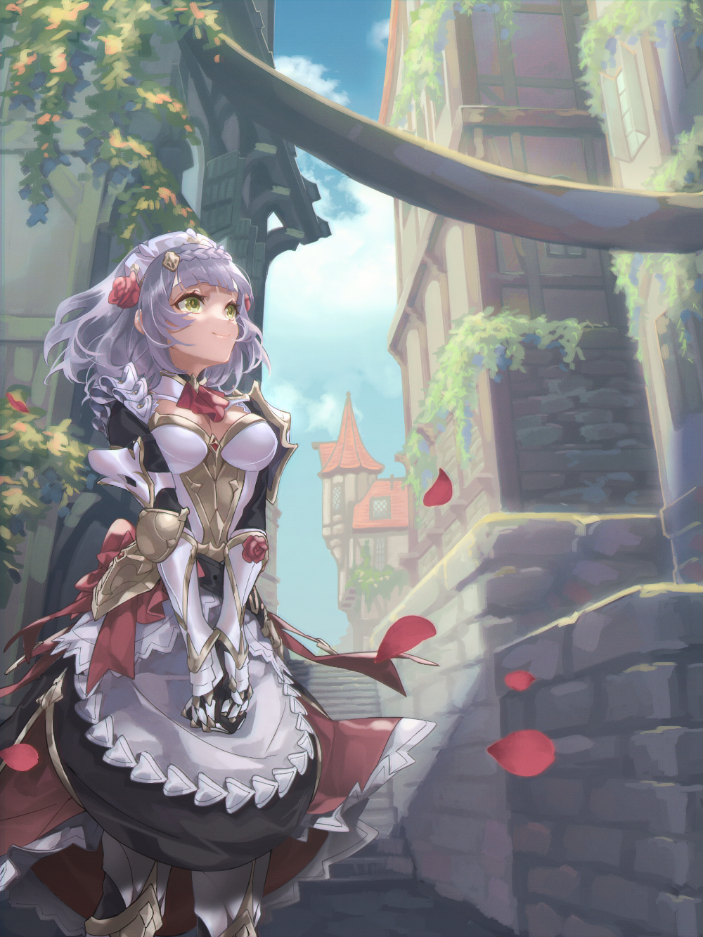1girl, apron, architecture, armor, armored_boots, armored_dress, bangs, blue_sky