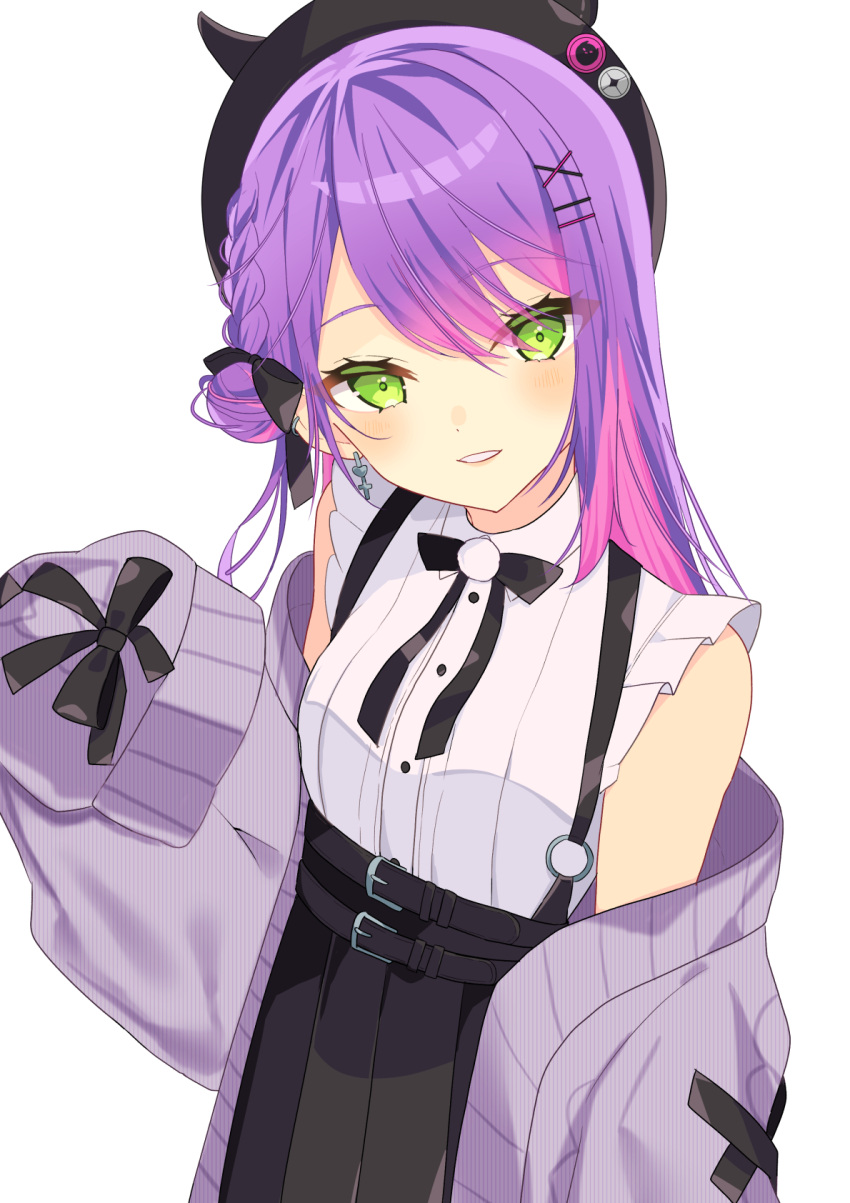 1girl, bare_shoulders, belt, beret, bibi_(tokoyami_towa), black_headwear, black_skirt, bow