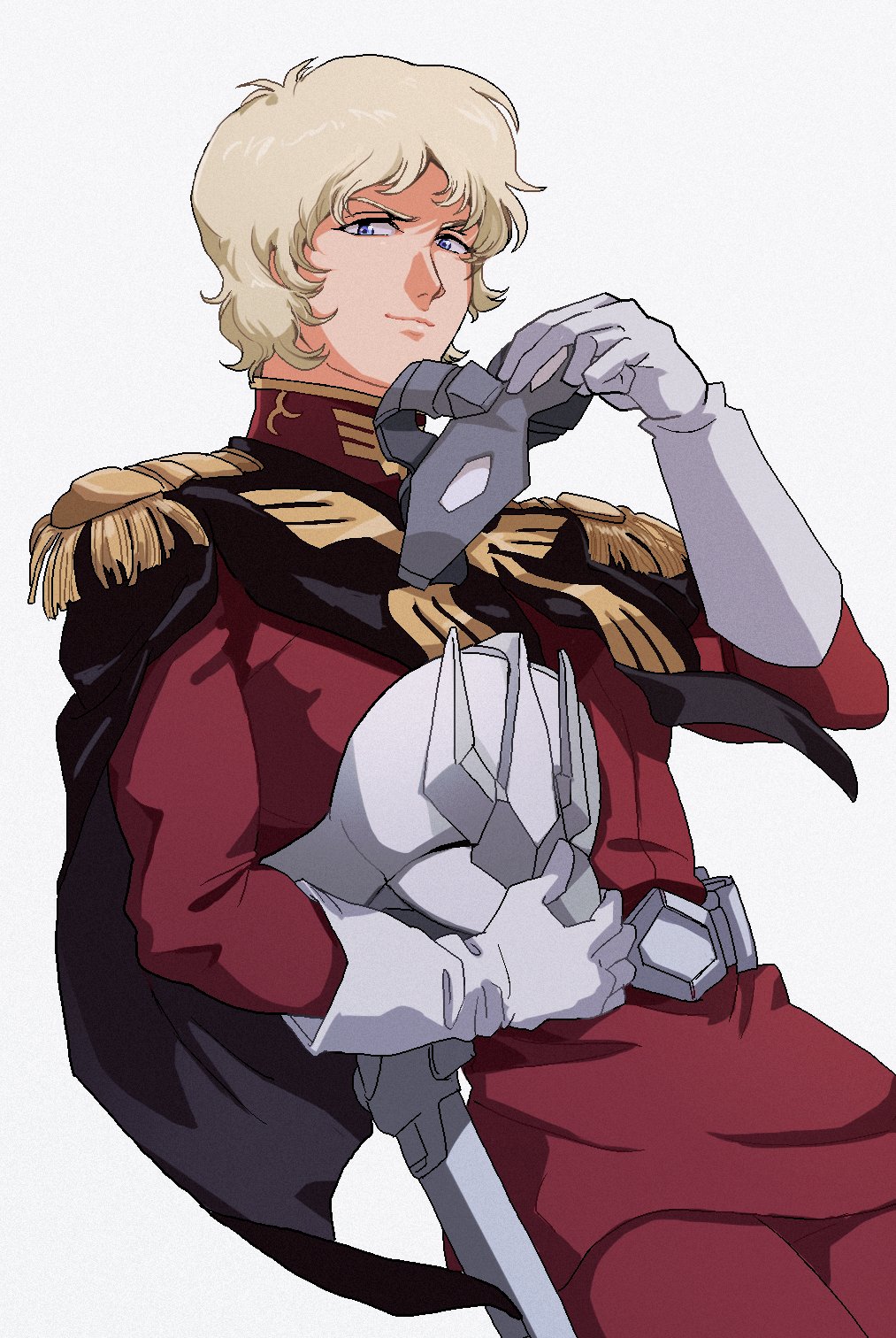 1boy, blonde_hair, blue_eyes, char_aznable, gloves, grey_gloves, gundam, headwear_removed, helmet, helmet_removed, highres, holding, holding_helmet, holding_mask, jacket, looking_at_viewer, male_focus, mask, mask_removed, mobile_suit_gundam, pants, red_jacket, red_pants, smile, solo, tsun_(chun_55), v-shaped_eyebrows, zeon