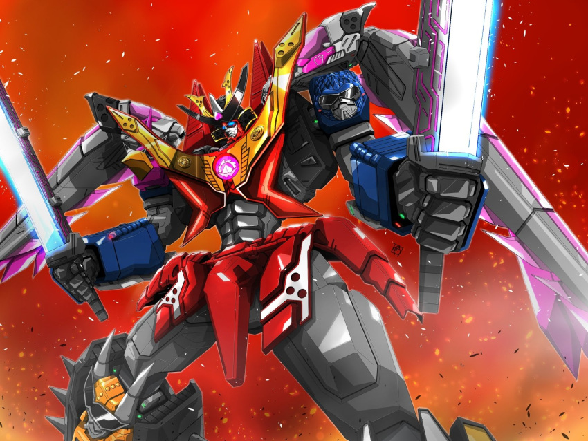 avataro_sentai_donbrothers, blue_eyes, dononitaijin, dual_wielding, glowing, glowing_eyes, highres, holding