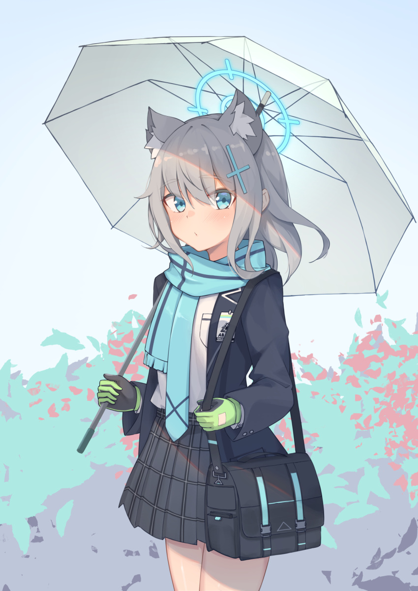 1girl, animal_ear_fluff, animal_ears, bag, blue_archive, blue_necktie, blue_scarf, gloves