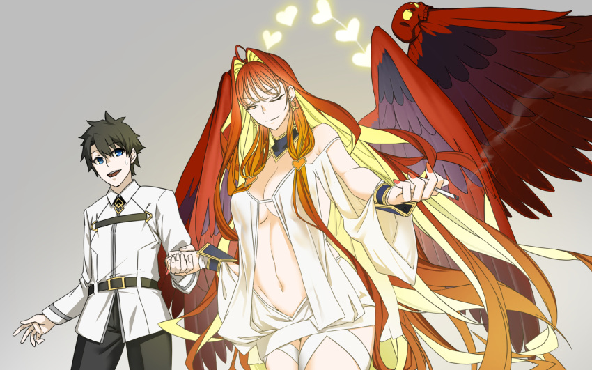 aphrodite_(fate), blue_eyes, bracelet, chaldea_uniform, cigarette, fate/grand_order, fate_(series), fujimaru_ritsuka_(male)