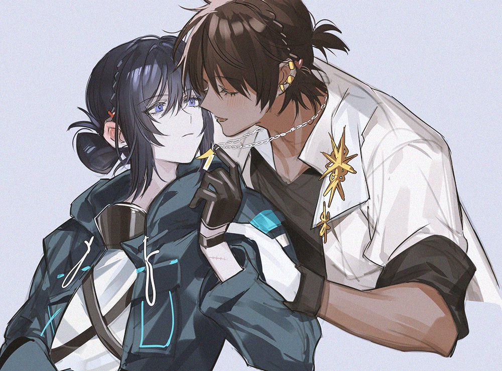 1boy, 1girl, arknights, bishounen, black_coat, black_gloves, black_hair, black_shirt, blush, brown_hair, closed_mouth, coat, couple, dark-skinned_male, dark_skin, doctor_(arknights), ear_piercing, female_doctor_(arknights), gloves, hetero, imminent_kiss, jewelry, necklace, necklace_pull, pienahenggou, piercing, ponytail, shirt, thorns_(arknights), violet_eyes, white_coat, white_gloves