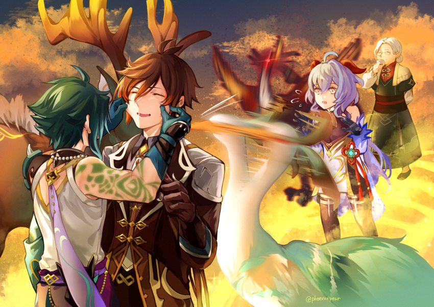 2boys, 2girls, 2others, ahoge, animal, bangs, bare_shoulders, bead_necklace