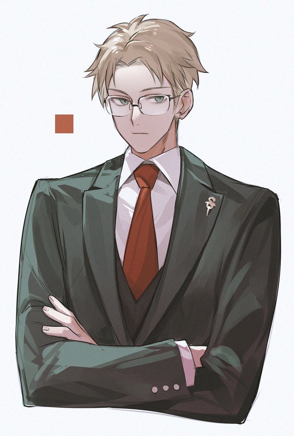 1boy, bishounen, blonde_hair, closed_mouth, crossed_arms, formal, glasses, green_eyes