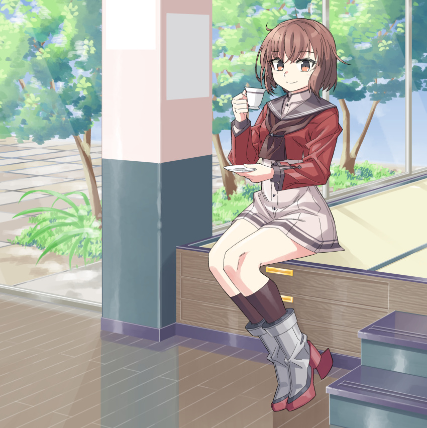 1girl, boots, breasts, brown_eyes, brown_hair, brown_legwear, brown_neckerchief, cup
