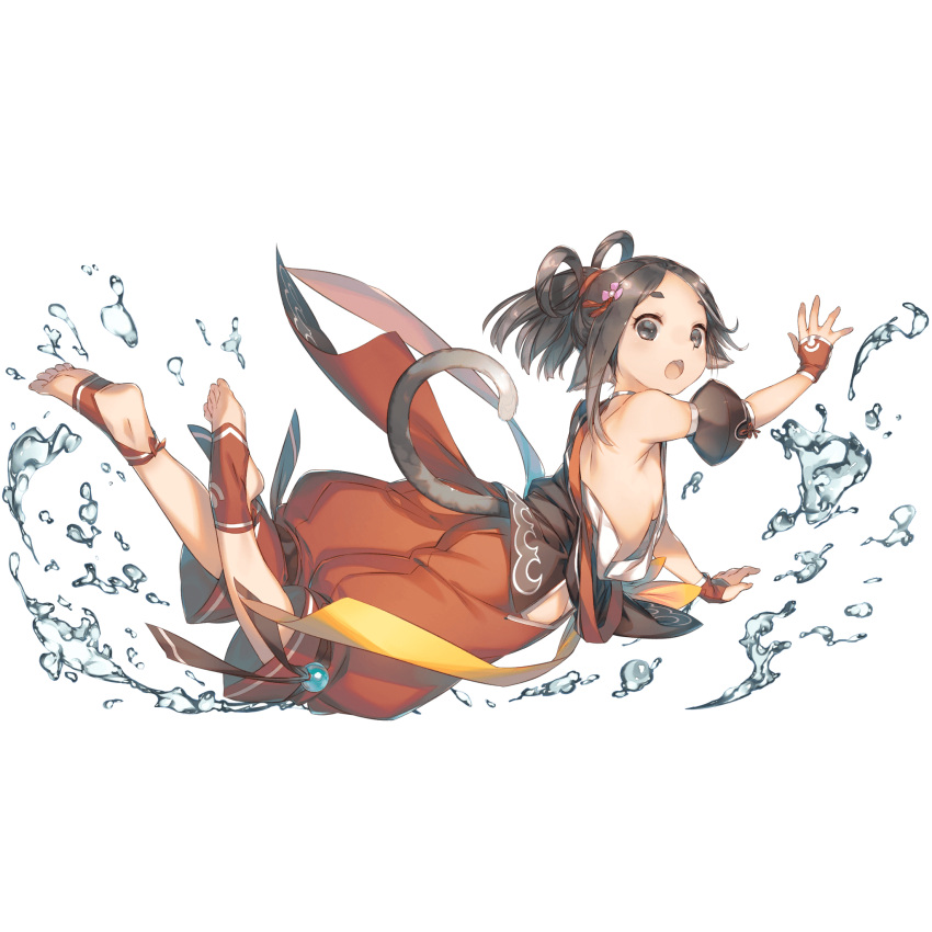 1girl, breasts, brown_eyes, brown_hair, detached_sleeves, forehead, full_body, hair_ornament