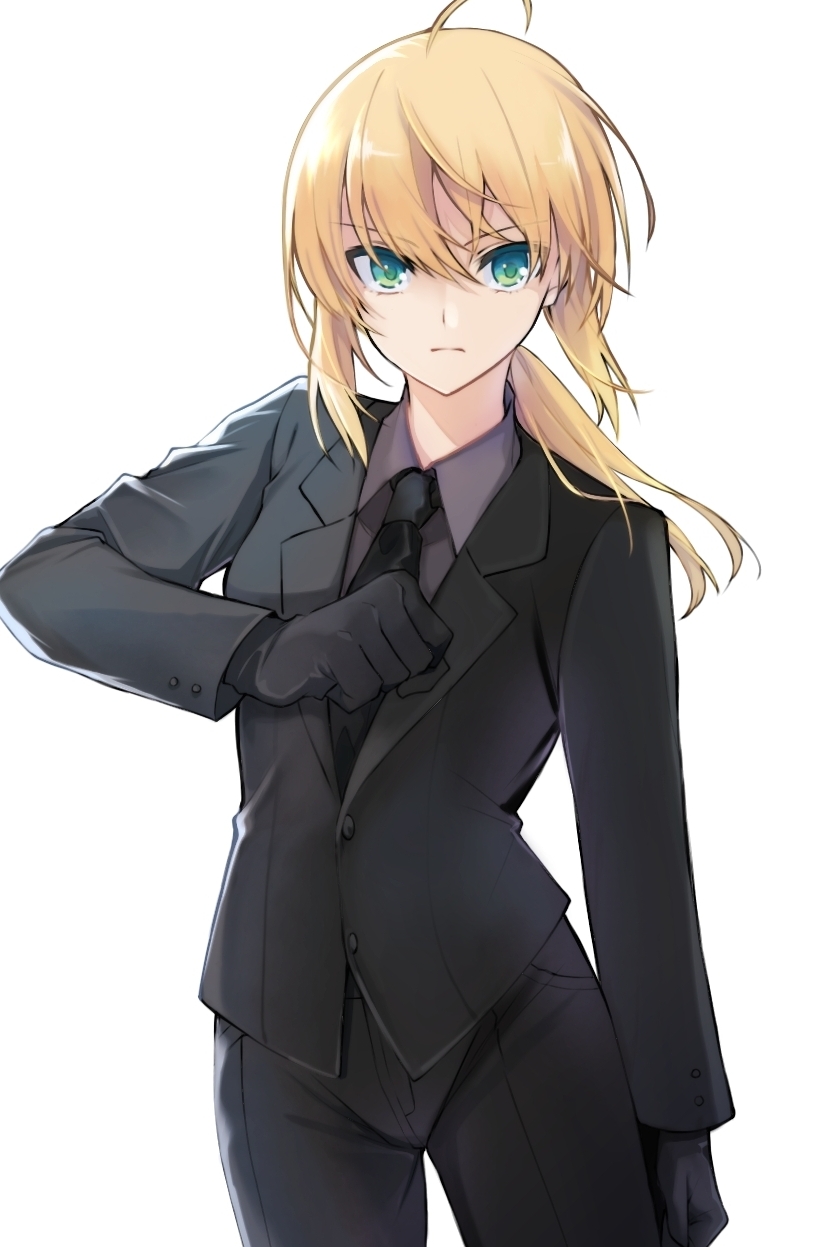 1girl, ahoge, artoria_pendragon_(fate), bangs, black_gloves, black_jacket, black_necktie, black_pants, blonde_hair, closed_mouth, collared_shirt, cowboy_shot, eyebrows_visible_through_hair, fate/zero, fate_(series), floating_hair, formal, frown, gloves, green_eyes, grey_shirt, hair_between_eyes, highres, jacket, long_hair, long_sleeves, looking_at_viewer, low_ponytail, maru_(pixiv51714255), necktie, pant_suit, pants, saber, shirt, sidelocks, simple_background, solo, standing, suit, white_background, wing_collar