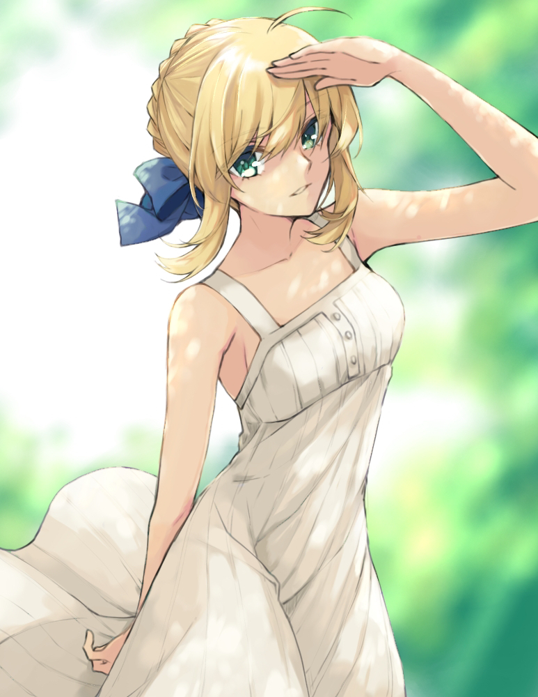 1girl, ahoge, arm_behind_back, arm_up, artoria_pendragon_(fate), bangs, bare_arms, blonde_hair