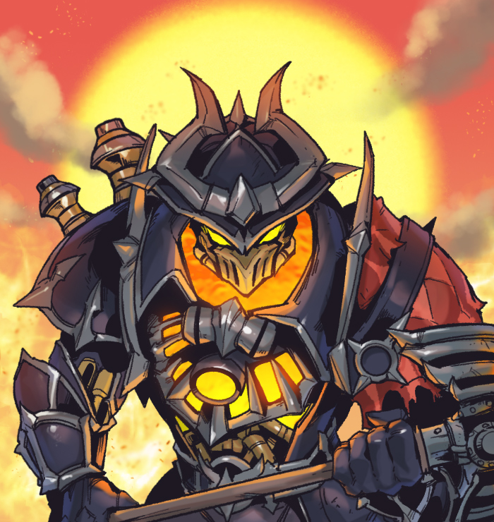 1boy, armor, bangs, black_gloves, full_armor, gloves, glowing, glowing_eyes