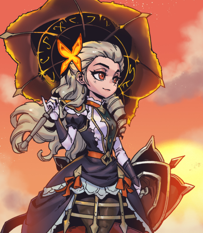 1girl, bangs, black_dress, brown_legwear, brown_sky, dress, drill_hair, elbow_gloves