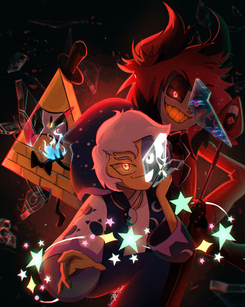1other, 3boys, absurdres, alastor_(hazbin_hotel), artsincroyable, bill_cipher, blue_fire, bow, bow_panties, crossover, fire, formal, glass_shards, gravity_falls, hat, hazbin_hotel, highres, horns, jewelry, long_sleeves, multiple_boys, necklace, one-eyed, pajamas, panties, red_eyes, redhead, sharp_teeth, smile, star_(symbol), static, suit, teeth, the_collector_(the_owl_house), the_owl_house, top_hat, triangle, underwear, white_hair