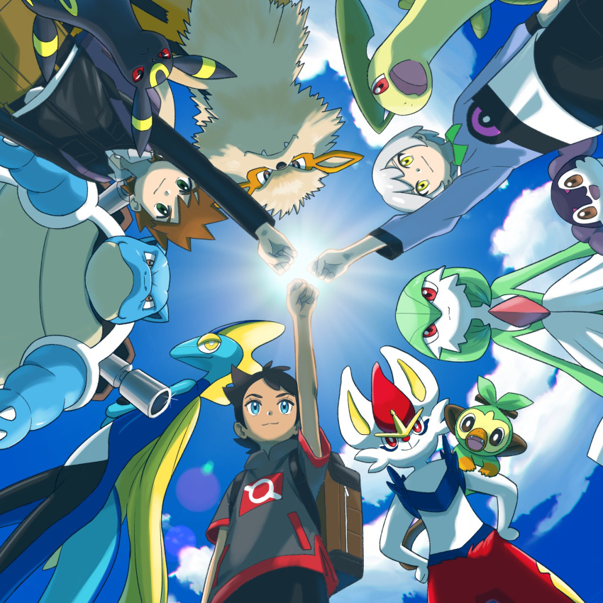 3boys, arcanine, backpack, bag, bangs, bayleef, belt, belt_buckle, black_belt, black_hair, black_jacket, black_pants, blastoise, blue_eyes, brown_bag, brown_hair, brown_pants, buckle, cinderace, closed_mouth, eyelashes, from_below, gardevoir, gary_oak, goh_(pokemon), green_eyes, grey_shirt, grookey, highres, horace_(pokemon), indeedee, indeedee_(female), inteleon, jacket, male_focus, minato_(mntnm), multiple_boys, pants, pokemon, pokemon_(anime), pokemon_(creature), pokemon_journeys, shirt, short_sleeves, smile, spiky_hair, umbreon, yellow_eyes