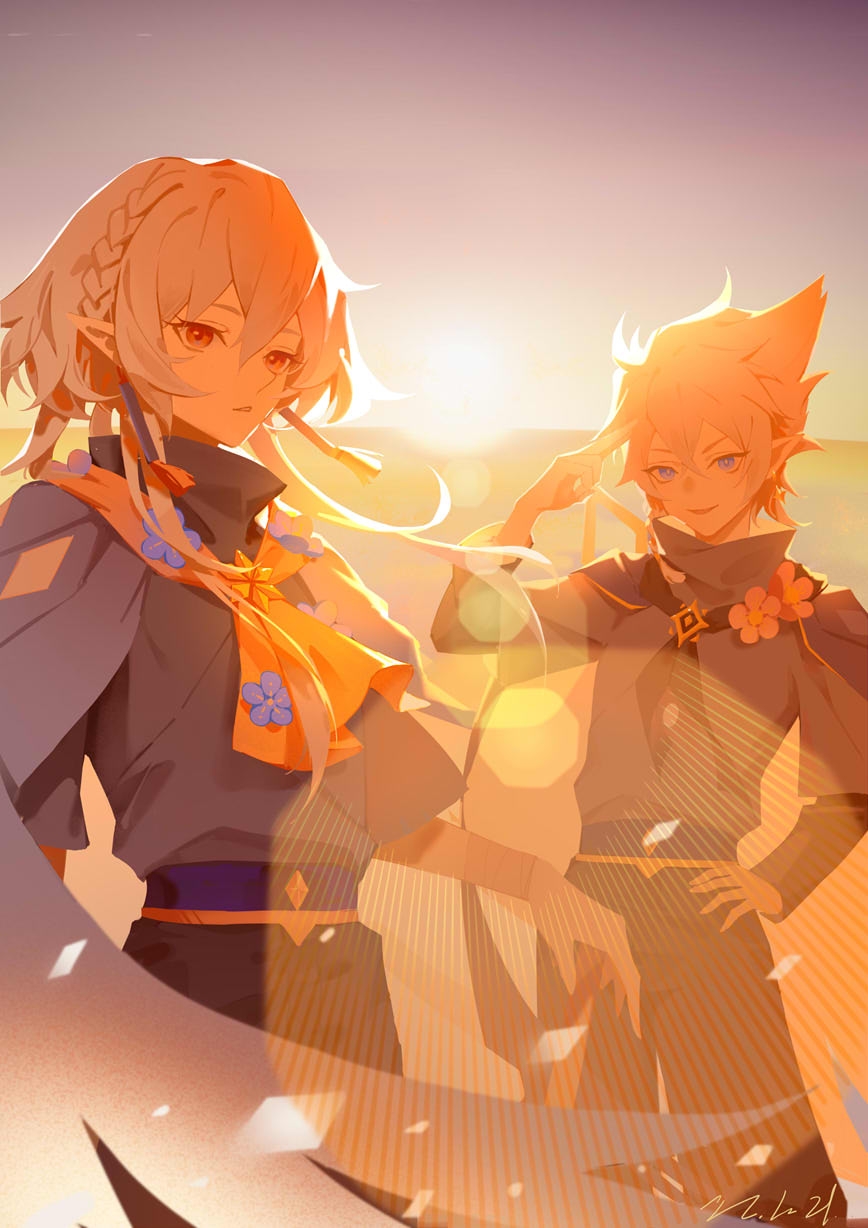 1boy, 1girl, alef_(sky:_children_of_the_light), braid, daleth_(sky:_children_of_the_light), earrings, highres, jewelry