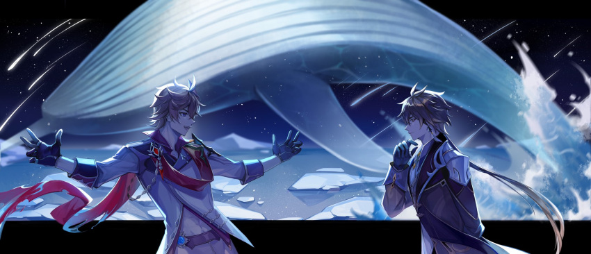 2boys, ahoge, bangs, black_gloves, blue_eyes, brown_hair, eye_contact, genshin_impact