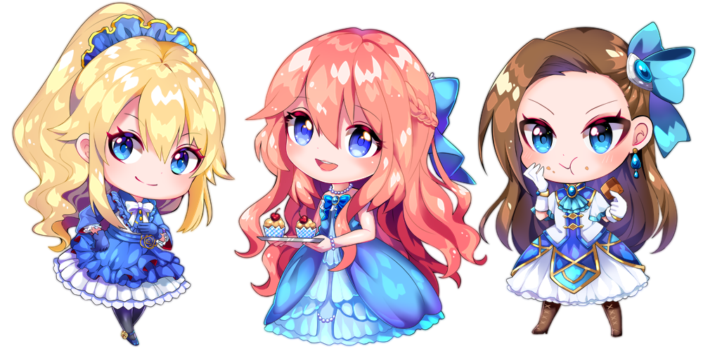 3girls, akuyaku_reijo_nano_de_last_boss_wo_kattemimashita, akuyaku_reijou_wa_ringoku_no_outaishi_ni_dekiai_sareru, blonde_hair, blue_dress, blue_eyes, braid, brown_hair