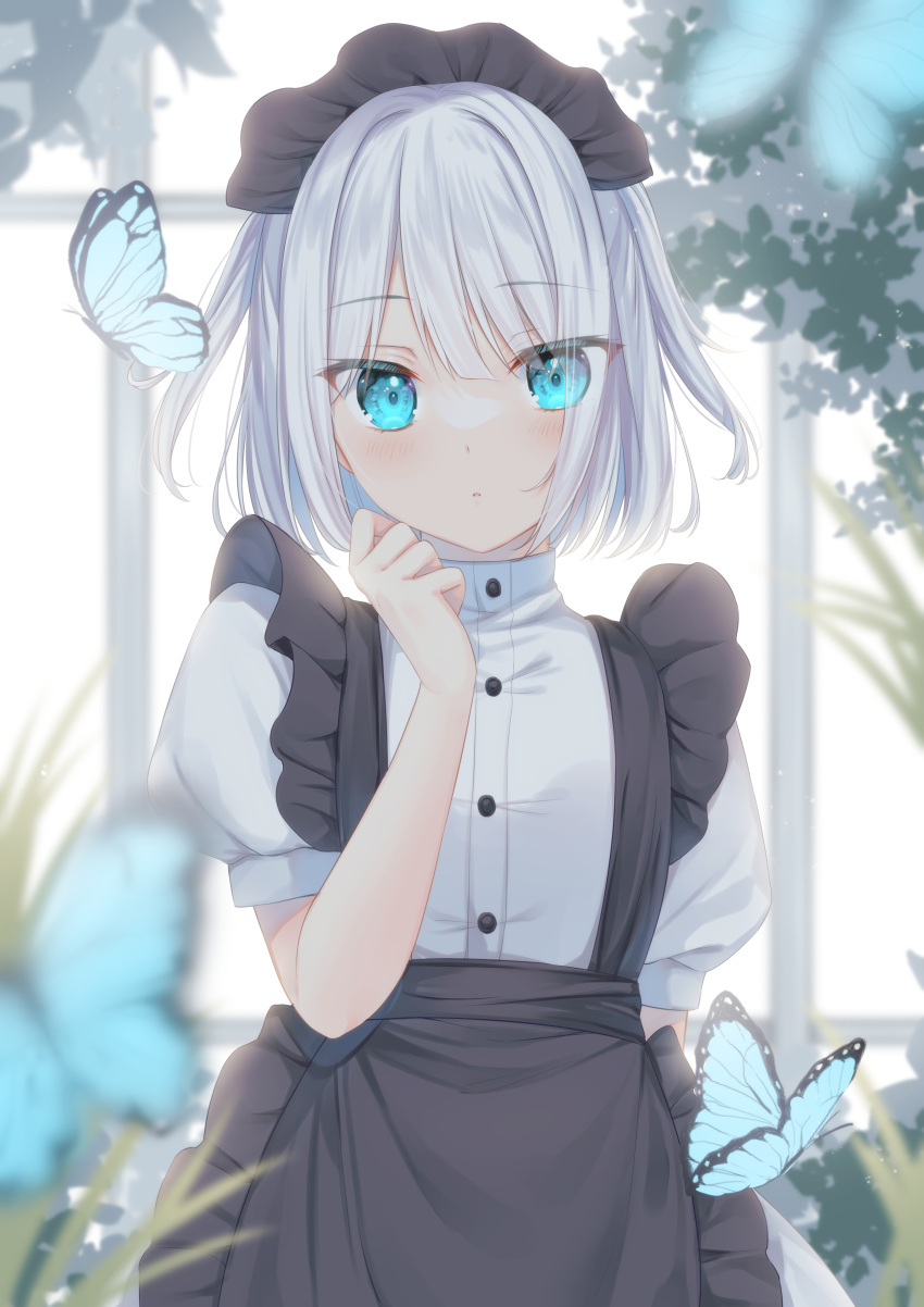 1girl, absurdres, alternate_costume, apron, bangs, black_apron, blue_eyes, blush