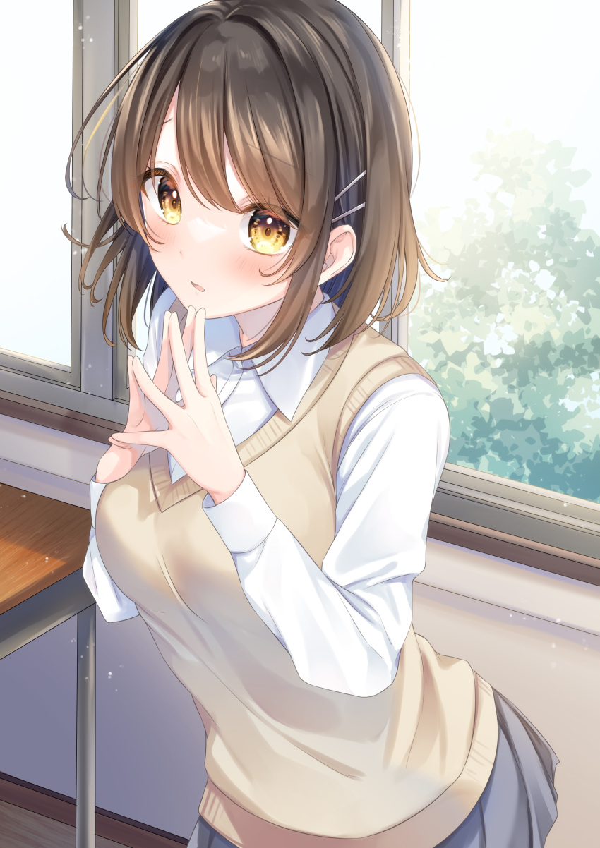 1girl, absurdres, bangs, blush, brown_eyes, brown_hair, classroom, commentary_request