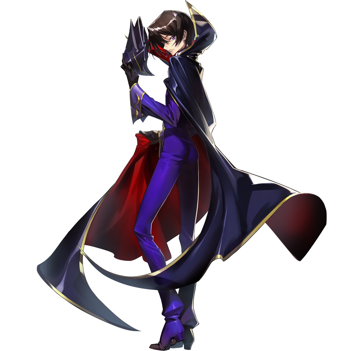 1boy, adjusting_clothes, black_cape, black_gloves, brown_hair, cape, code_geass, code_geass:_genesic_re;code, formal, full_body, gloves, high_collar, highres, holding, holding_mask, lelouch_lamperouge, long_sleeves, looking_at_viewer, male_focus, mask, official_art, pants, profile, purple_footwear, purple_pants, purple_suit, short_hair, simple_background, standing, suit, violet_eyes, white_background, zero_(code_geass)