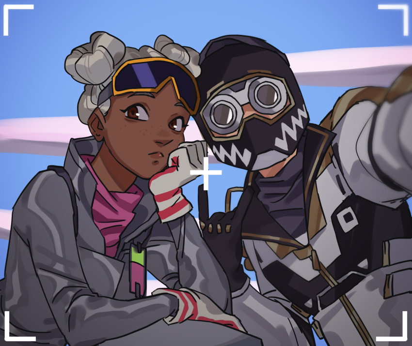 \m/, apex_legends, black_gloves, black_headwear, brown_eyes, dark-skinned_female, dark_skin, double_bun