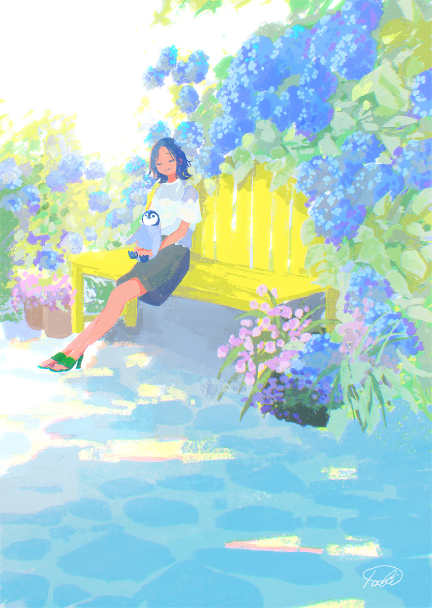 1girl, animal, bench, bird, black_skirt, blue_hair, closed_mouth, cobblestone