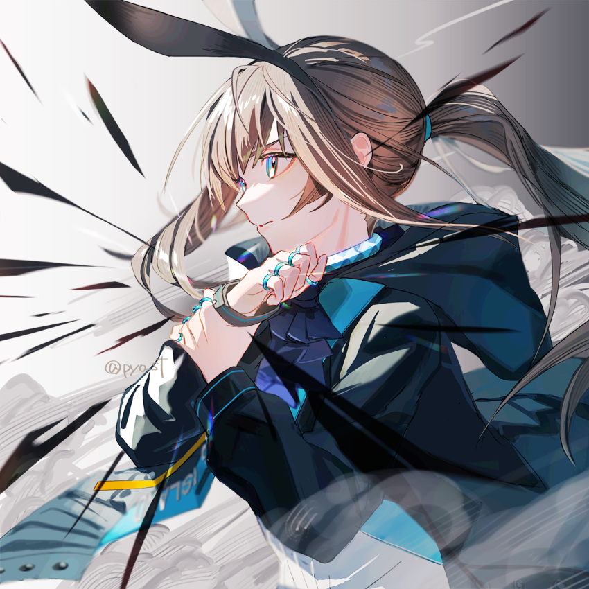 1girl, amiya_(arknights), animal_ears, arknights, bangs, black_jacket, blue_choker, blue_eyes