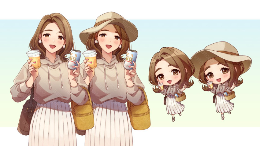 bag, beer_can, brown_headwear, brown_hoodie, can, chibi, chibi_inset, commission, cup, earrings, handbag, hatoco, head_tilt, holding, holding_can, holding_cup, hood, hoodie, jewelry, medium_hair, open_mouth, original, picnic_basket, pink_nails, sample_watermark, skirt, smile, white_skirt