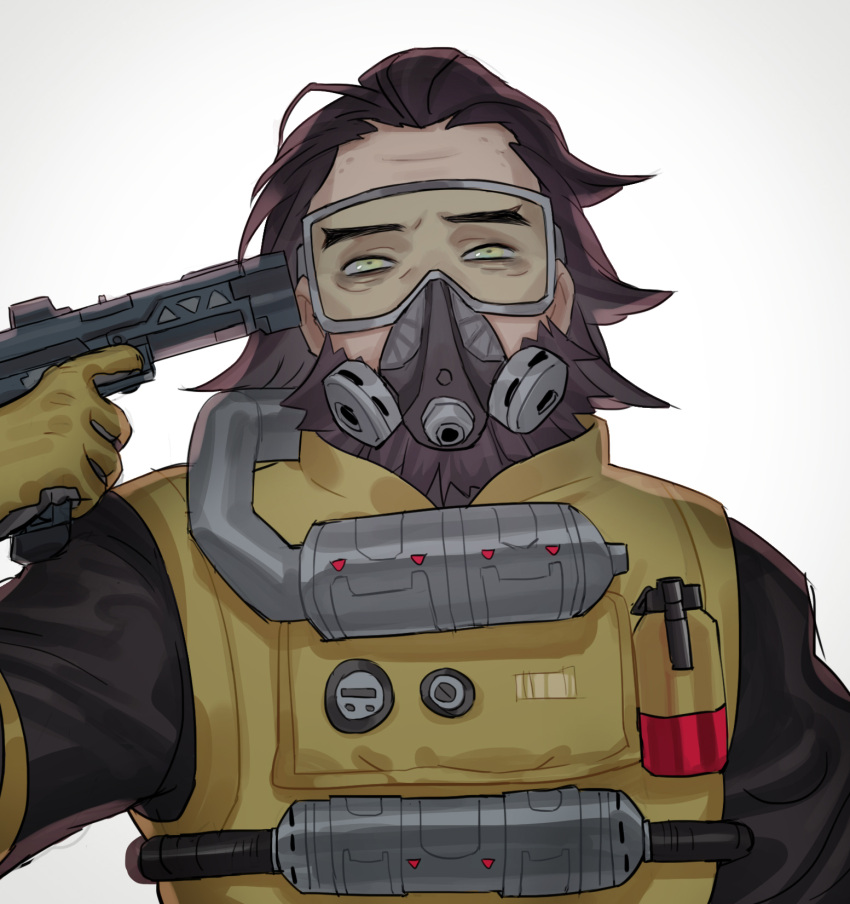 1boy, apex_legends, beard, brown_hair, caustic_(apex_legends), facial_hair, gas_mask, gloves